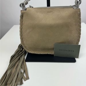ALL SAINTS MORI GRAY/TAUPE‎ LEATHER FRINGE HOBO CROSSBODY BAG
